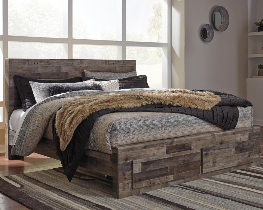 Derekson King Panel Bed with 2 Storage Drawers with Mirrored Dresser, Chest and Nightstand