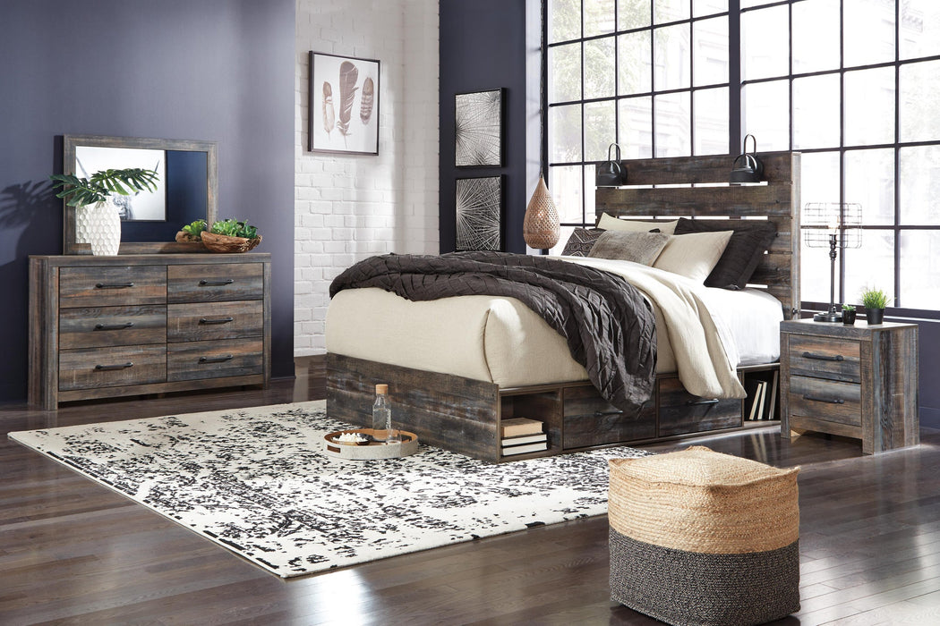 Drystan King Panel Bed with 4 Storage Drawers with Mirrored Dresser, Chest and Nightstand
