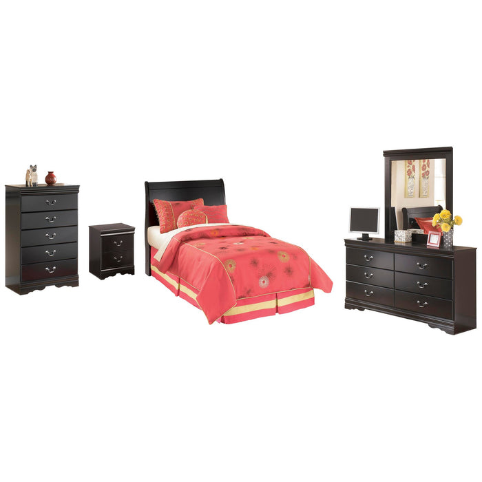 Huey Vineyard Twin Sleigh Headboard Bed with Mirrored Dresser, Chest and Nightstand
