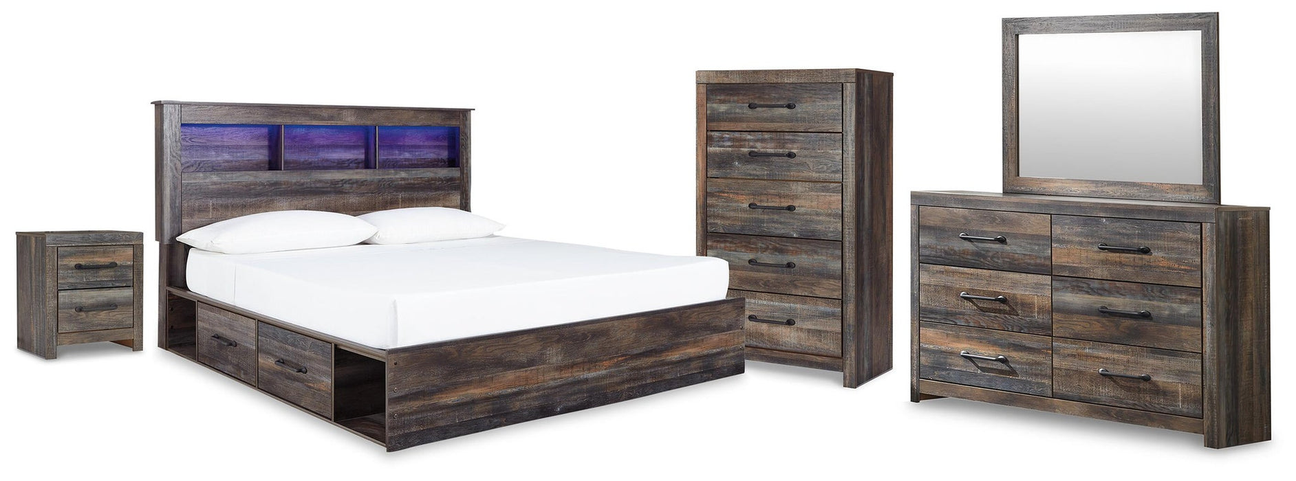 Drystan King Bookcase Bed with 2 Storage Drawers with Mirrored Dresser, Chest and Nightstand