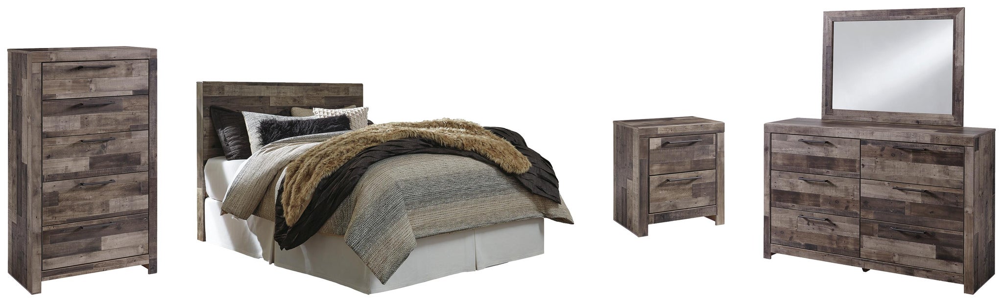 Derekson Queen/Full Panel Headboard Bed with Mirrored Dresser, Chest and Nightstand