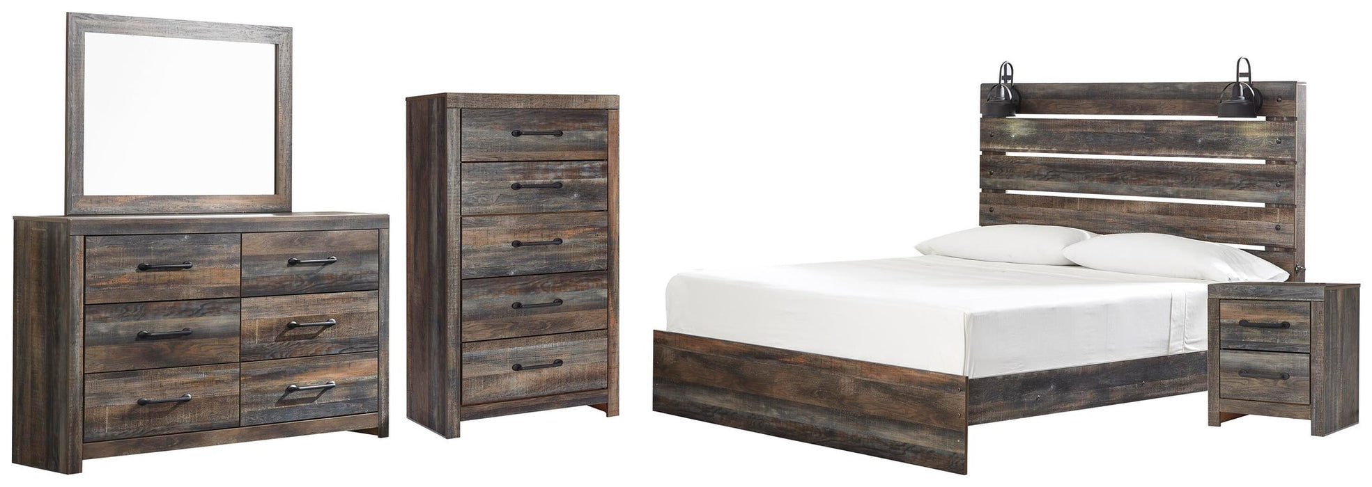 Drystan King Panel Bed, Dresser, Mirror, Chest and Nightstand