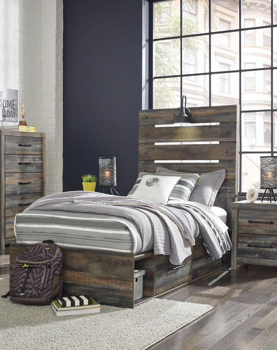 Drystan Twin Panel Bed with 4 Storage Drawers with Mirrored Dresser