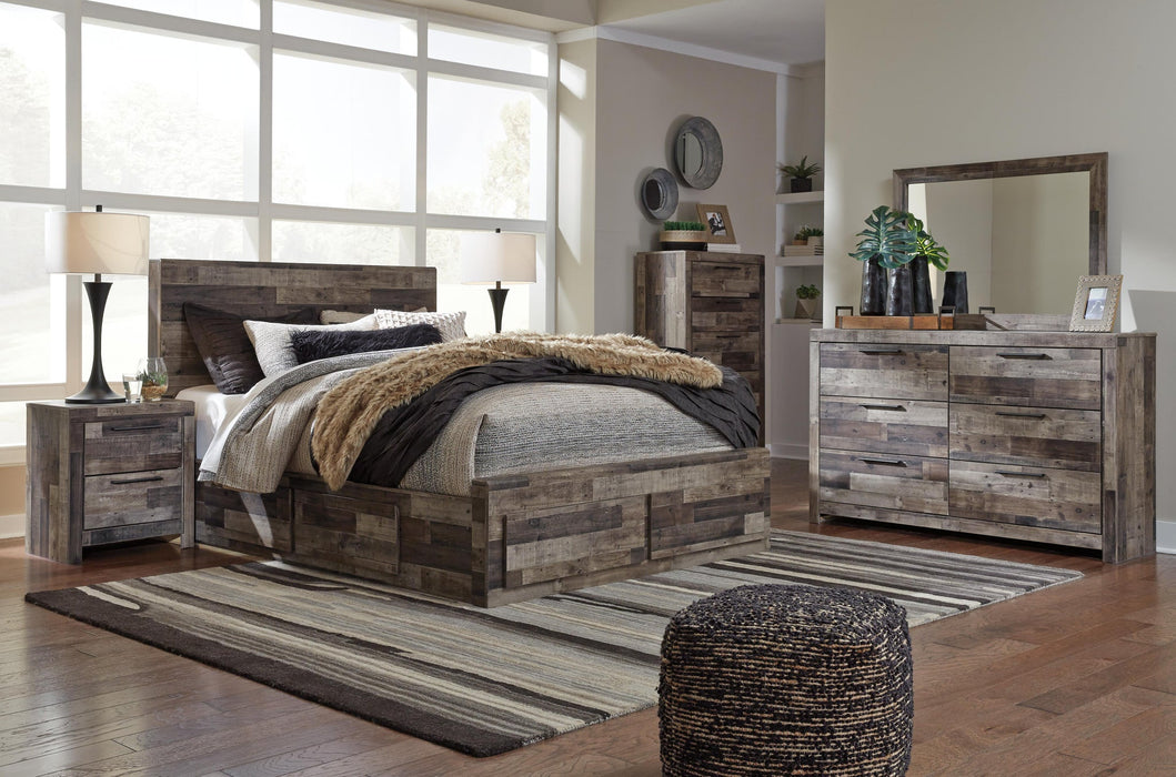Derekson Queen Panel Bed with 4 Storage Drawers with Mirrored Dresser, Chest and Nightstand