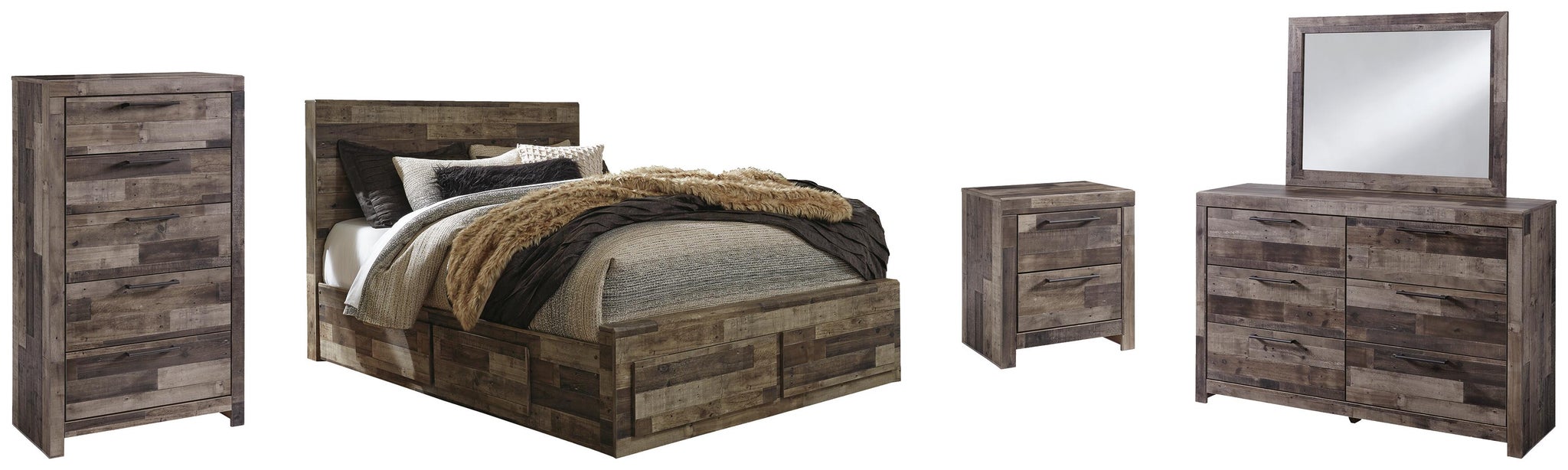 Derekson Queen Panel Bed with 4 Storage Drawers with Mirrored Dresser, Chest and Nightstand