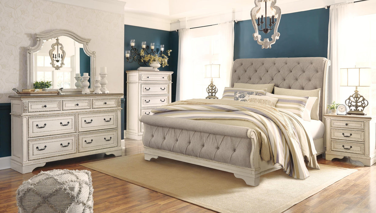Realyn King Sleigh Bed with Mirrored Dresser, Chest and Nightstand