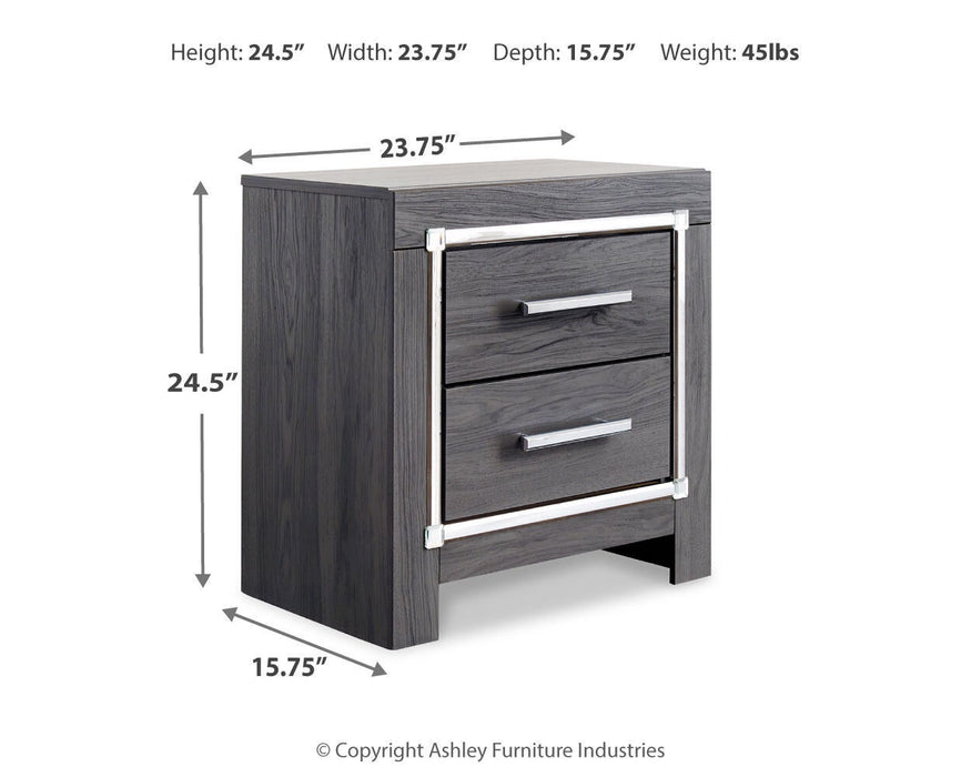 Lodanna King Panel Bed with 2 Storage Drawers, Dresser, Mirror and Nightstand