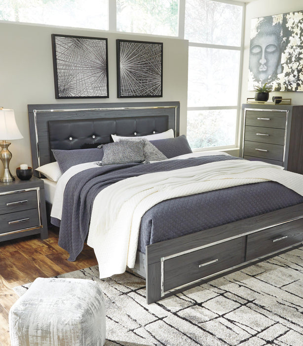 Lodanna King Panel Bed with 2 Storage Drawers, Dresser, Mirror and Nightstand