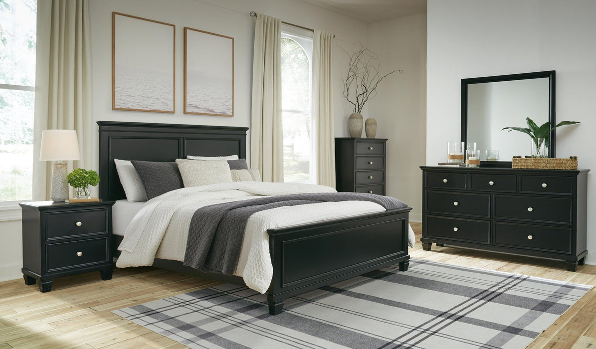 Lanolee Queen Panel Bed with Mirrored Dresser, Chest and Nightstand