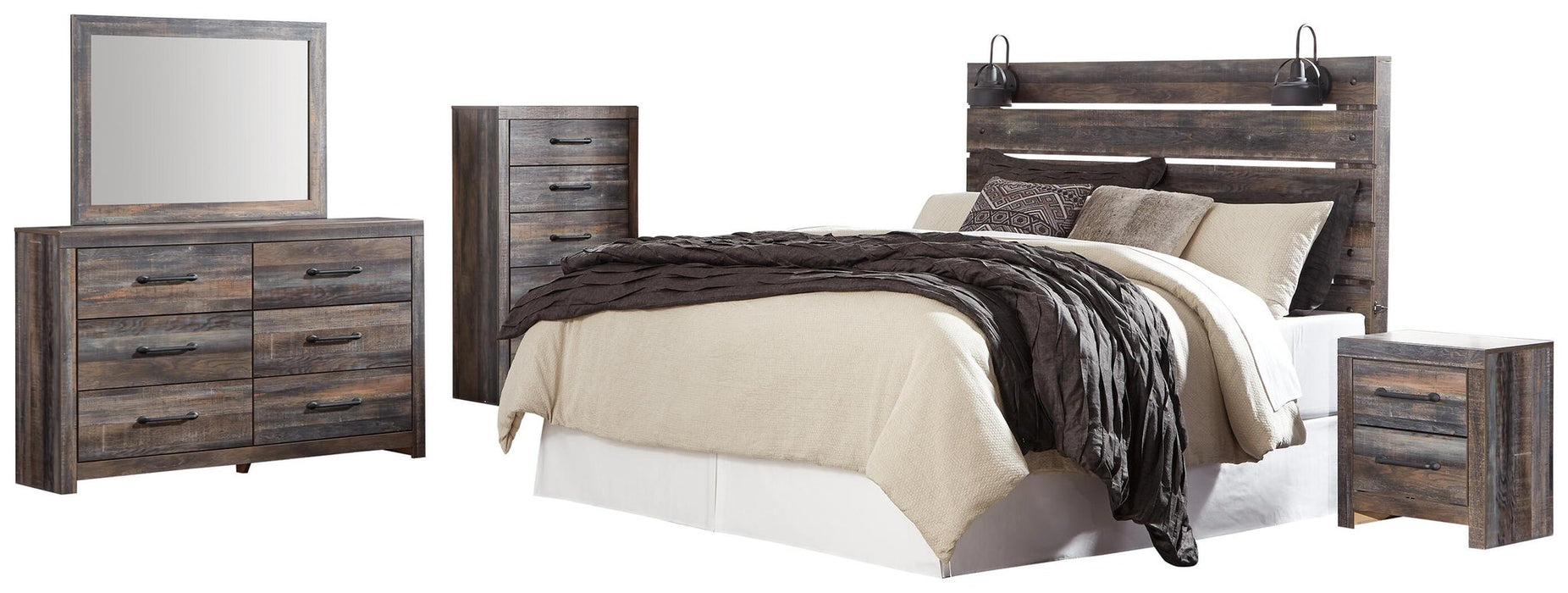 Drystan King Panel Headboard Bed with Mirrored Dresser, Chest and Nightstand
