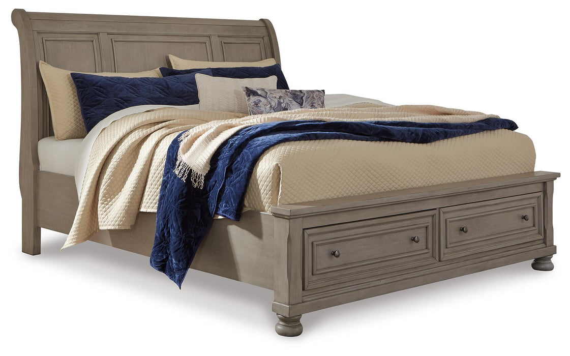 Lettner King Sleigh Bed with 2 Storage Drawers with Mirrored Dresser