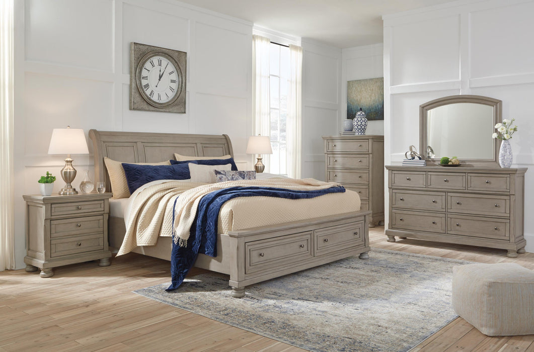 Lettner King Sleigh Bed with 2 Storage Drawers with Mirrored Dresser