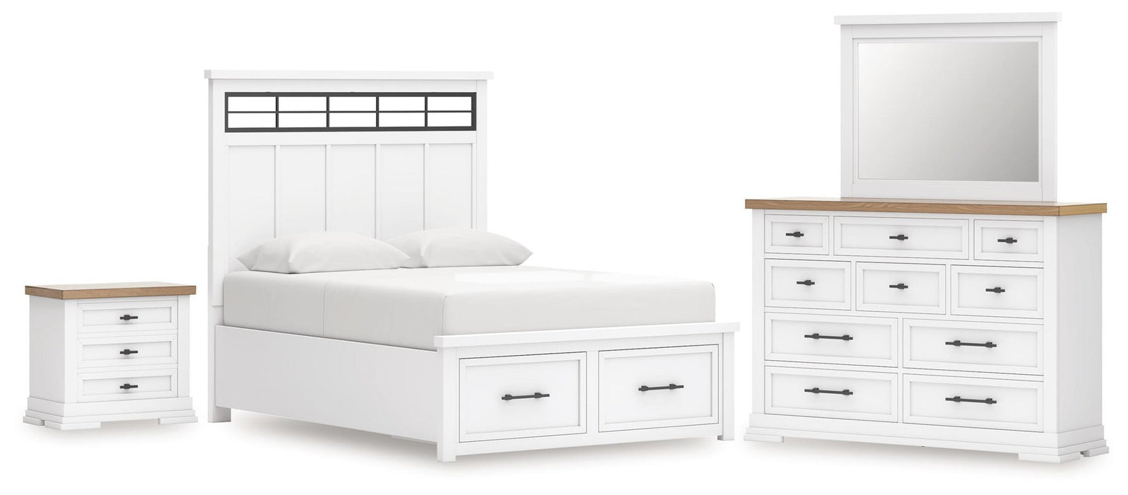 Ashbryn Queen Panel Storage Bed, Dresser, Mirror and Nightstand
