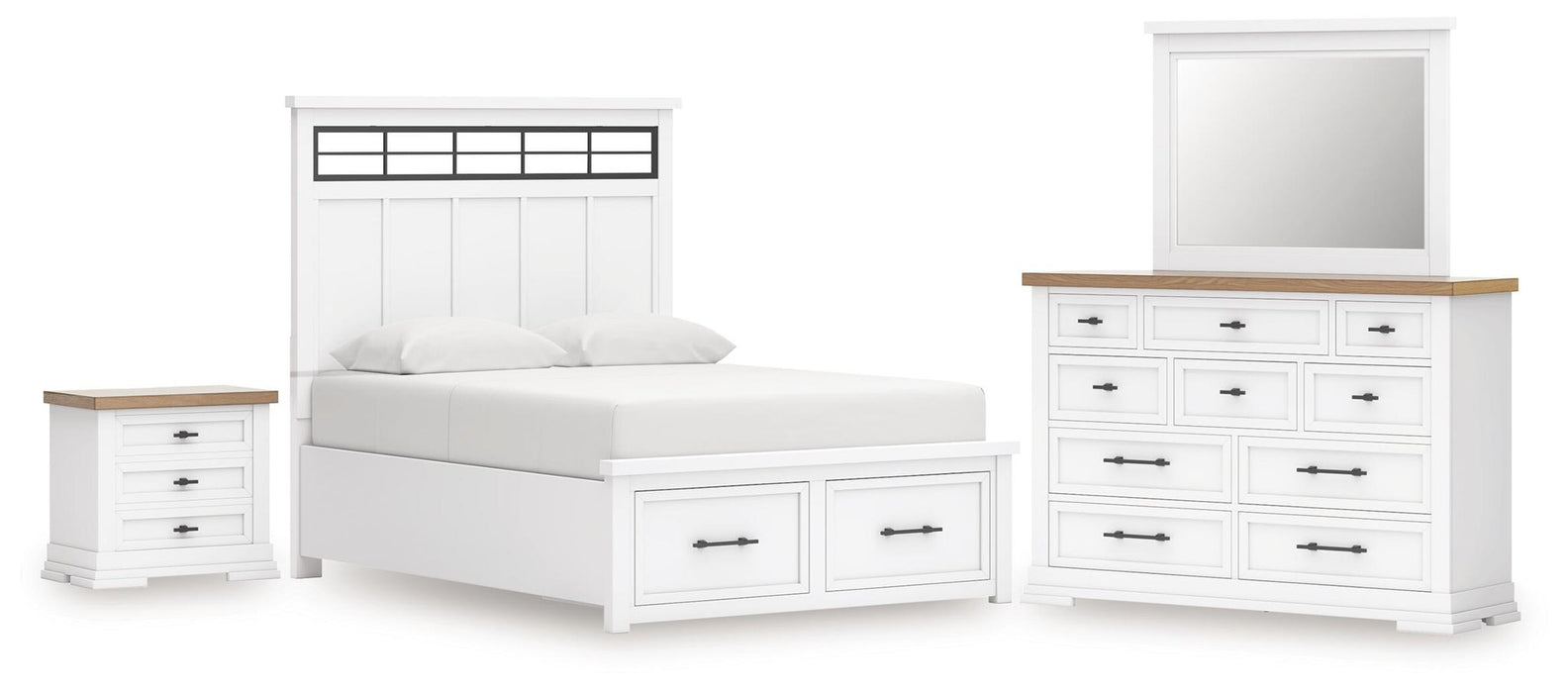 Ashbryn King Panel Storage Bed, Dresser, Mirror and Nightstand