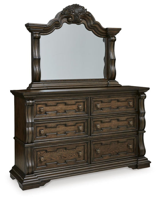 Maylee Queen Upholstered Bed, Dresser, Mirror, Chest and Nightstand