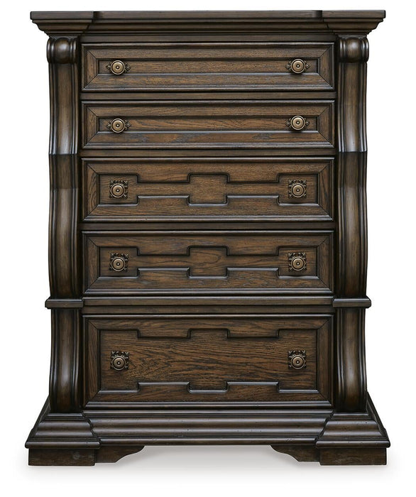 Maylee Queen Upholstered Bed, Dresser, Mirror, Chest and Nightstand