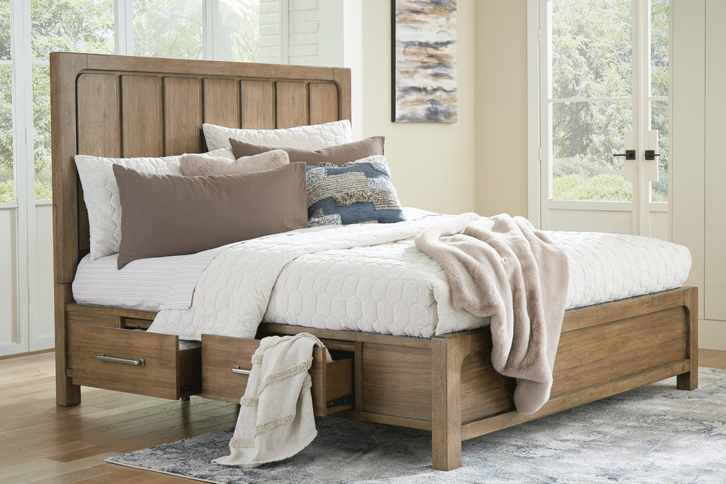 Cabalynn California King Panel Bed with Storage with Mirrored Dresser and Nightstand