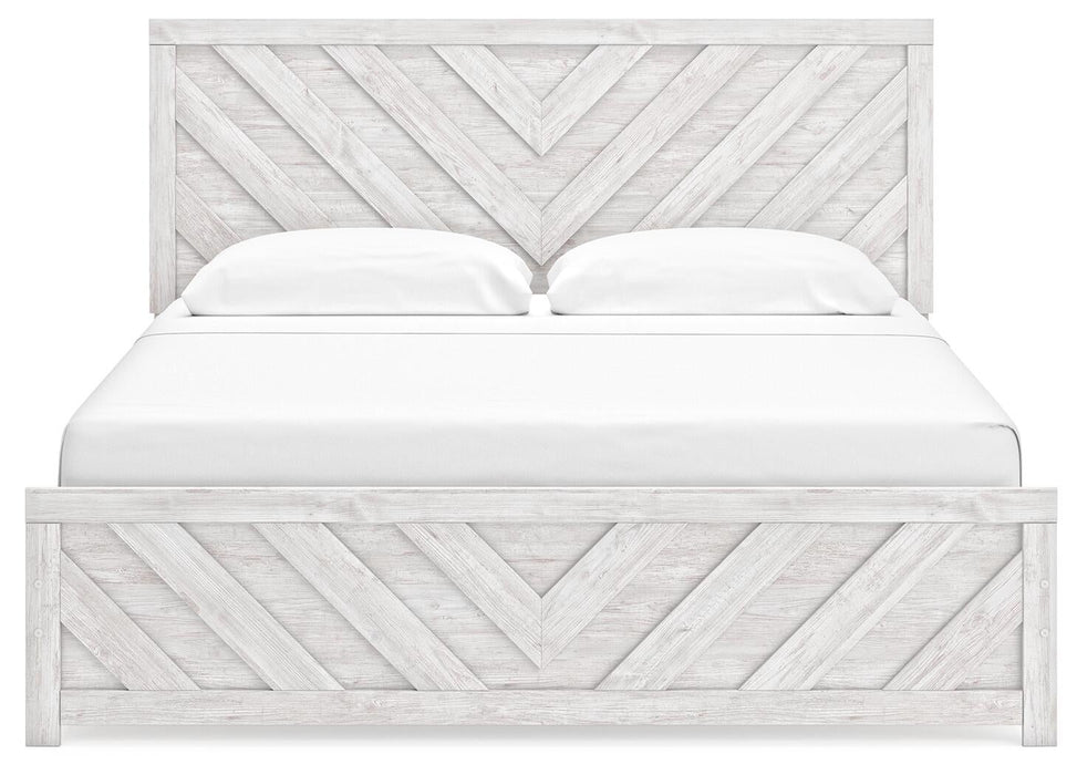 Cayboni King Panel Bed with Mirrored Dresser and Nightstand