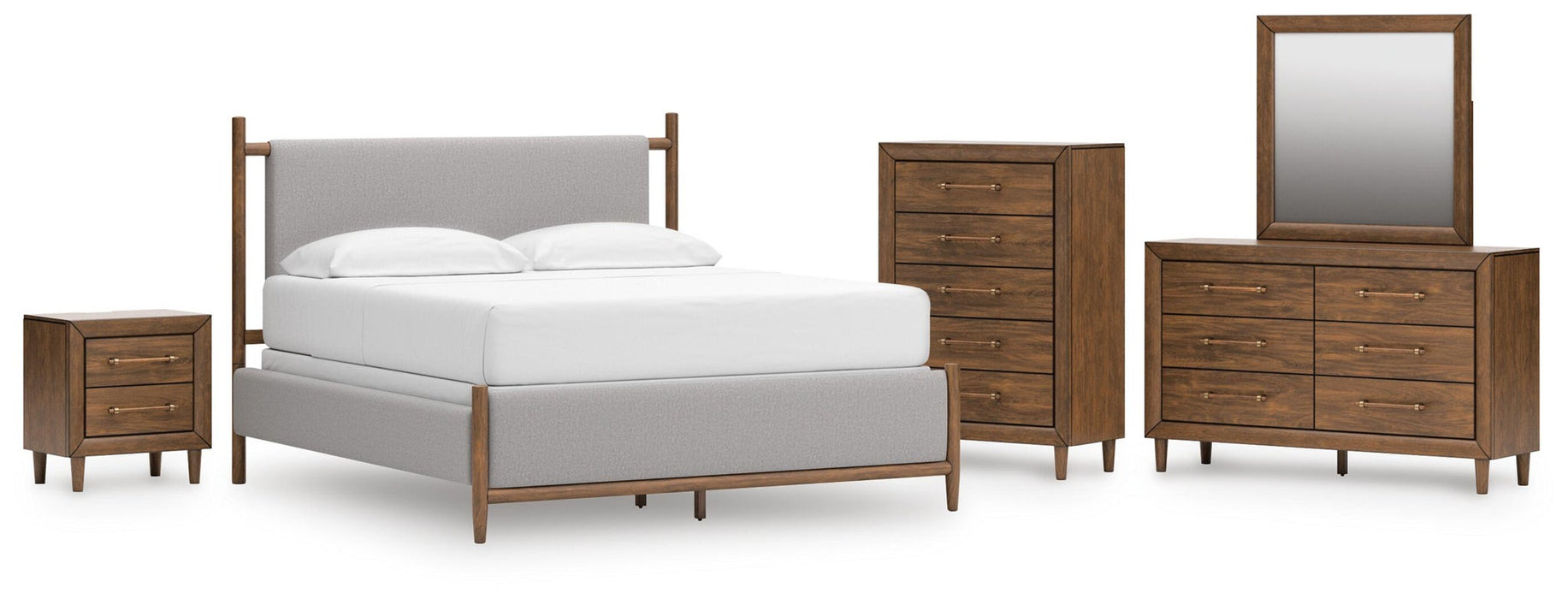 Lyncott Queen Upholstered Panel Bed, Dresser, Mirror, Chest and Nightstand