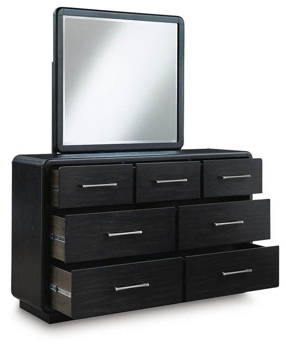 Rowanbeck Queen Upholstered Panel Bed with Mirrored Dresser