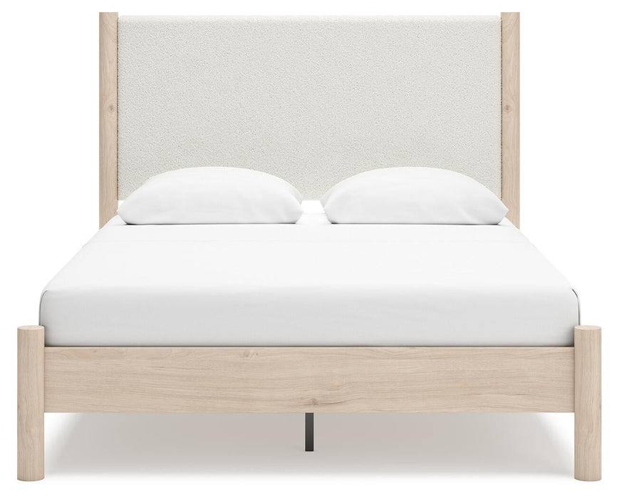 Cadmori Queen Upholstered Panel Bed with Mirrored Dresser and Nightstand