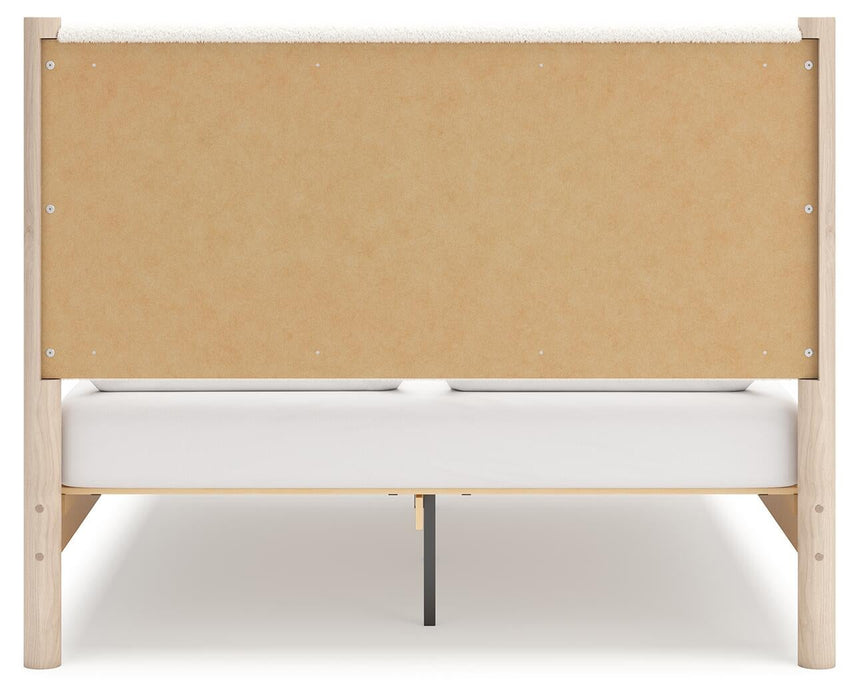 Cadmori Queen Upholstered Panel Bed with Mirrored Dresser and Nightstand