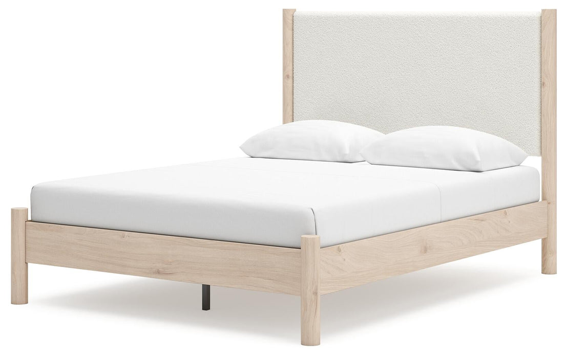 Cadmori Queen Upholstered Panel Bed with Mirrored Dresser and Nightstand