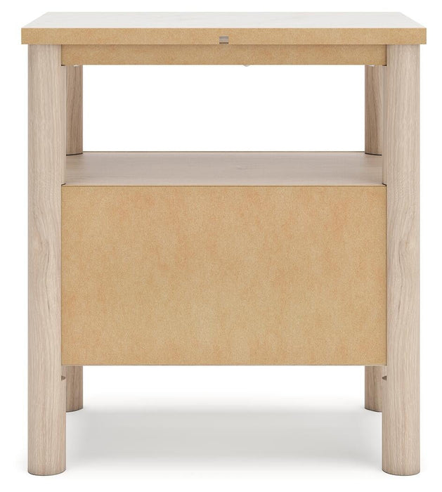 Cadmori Queen Upholstered Panel Bed with Mirrored Dresser and Nightstand