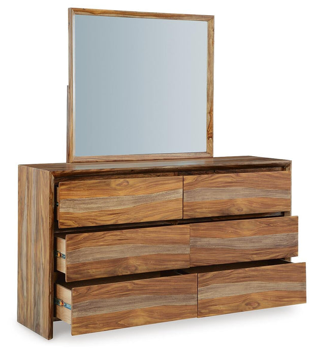 Dressonni California King Panel Bed with Mirrored Dresser