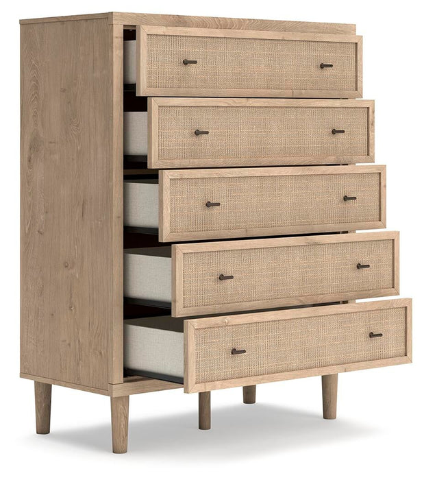 Cielden King Panel Bed with Mirrored Dresser, Chest and Nightstand
