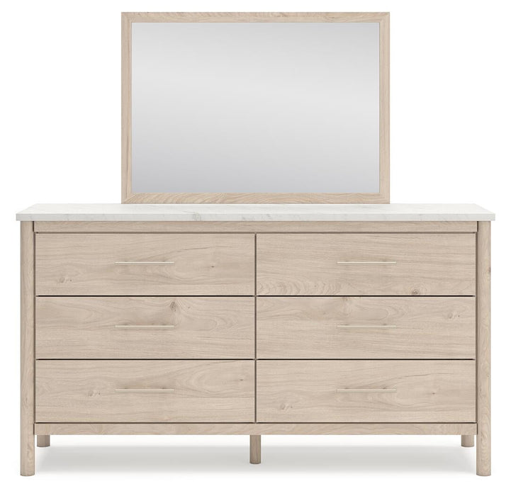 Cadmori Queen Upholstered Panel Bed with Mirrored Dresser, Chest and Nightstand