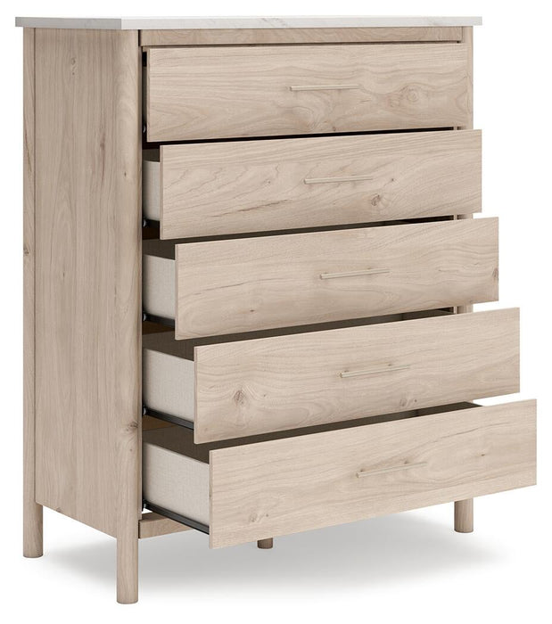 Cadmori Queen Upholstered Panel Bed with Mirrored Dresser, Chest and Nightstand