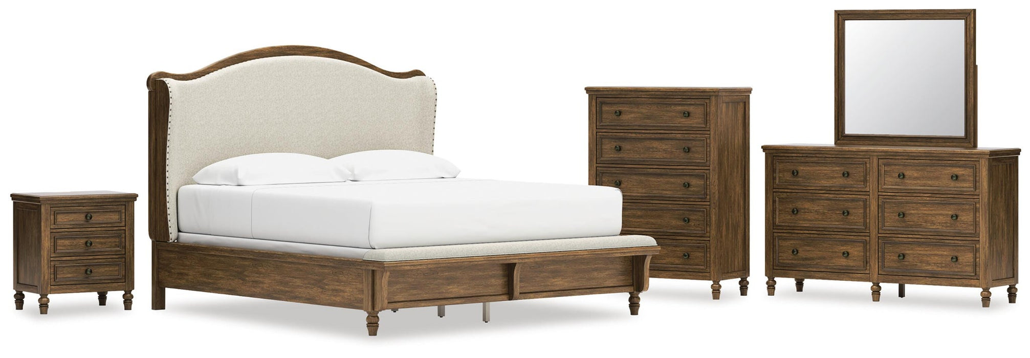 Sturlayne King Upholstered Panel Bed, Dresser, Mirror, Chest and Nightstand