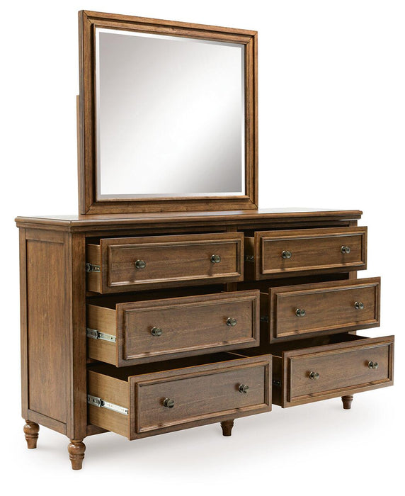 Sturlayne California King Upholstered Panel Bed, Dresser and Mirror