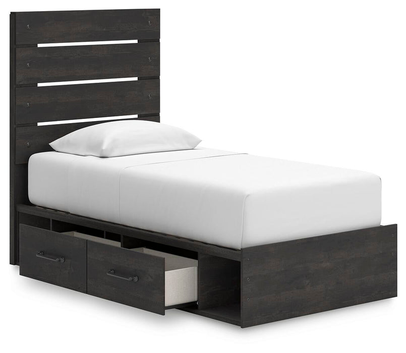 Delmorta Twin Panel Bed with Storage, Dresser, Mirror and Nightstand