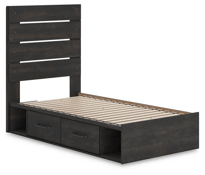 Delmorta Twin Panel Bed with Storage, Dresser, Mirror, Chest and Nightstand