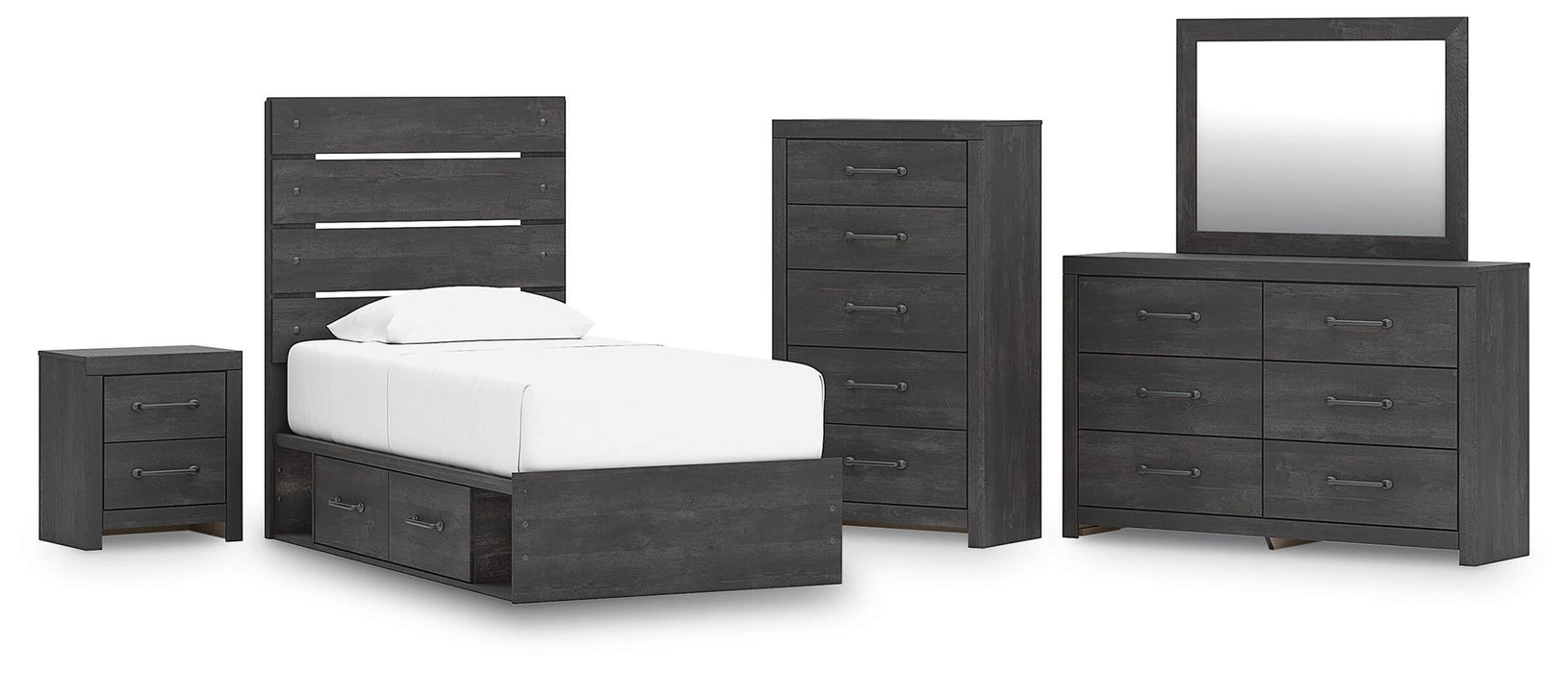 Delmorta Twin Panel Bed with Storage, Dresser, Mirror, Chest and Nightstand