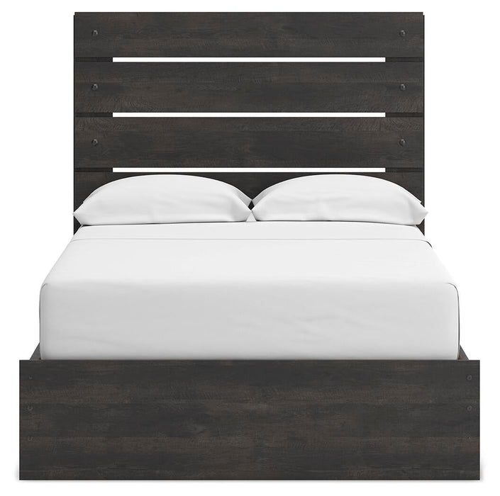 Delmorta Full Panel Bed with Storage, Dresser and Mirror