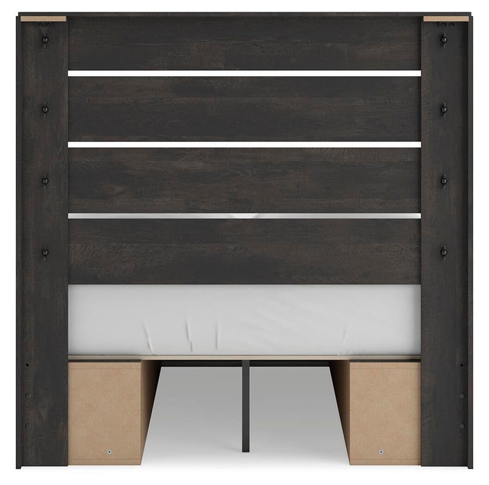 Delmorta Full Panel Bed with Storage, Dresser and Mirror