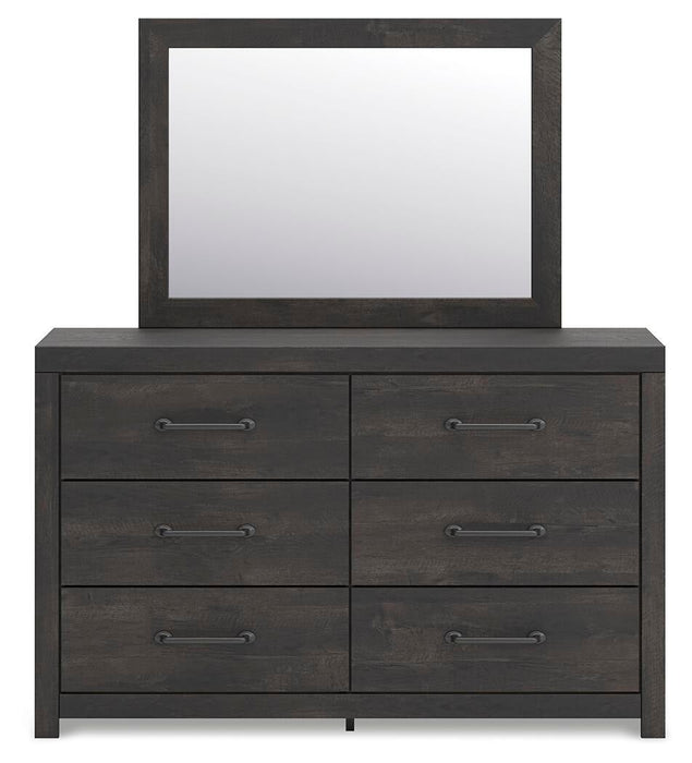 Delmorta Full Panel Bed with Storage, Dresser, Mirror and Nightstand