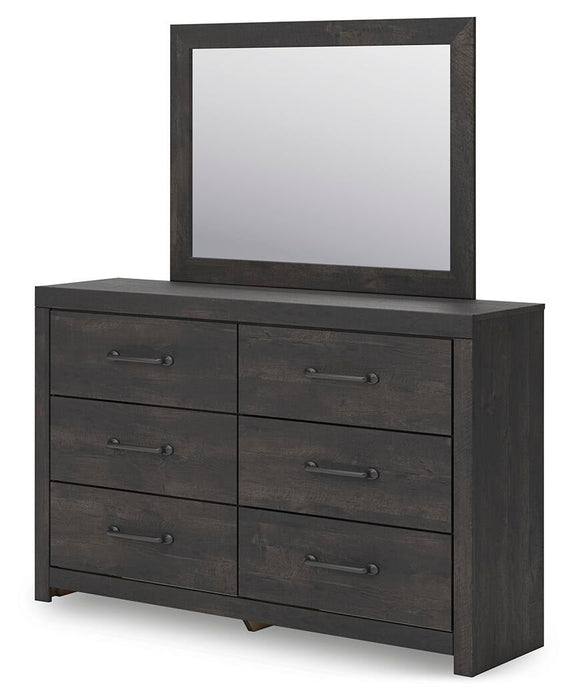 Delmorta Full Panel Bed with Storage, Dresser, Mirror and Nightstand