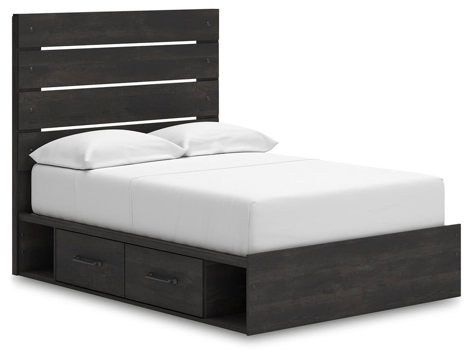 Delmorta Full Panel Bed with Storage, Dresser, Mirror and Nightstand