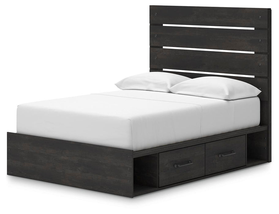 Delmorta Full Panel Bed with Storage, Dresser, Mirror and Nightstand
