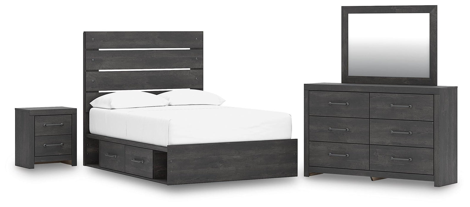 Delmorta Full Panel Bed with Storage, Dresser, Mirror and Nightstand