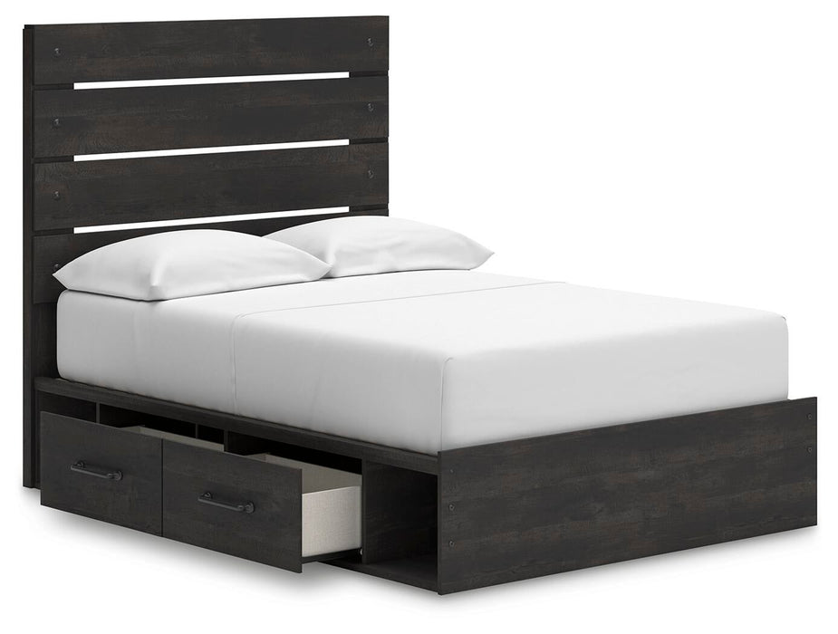 Delmorta Full Panel Bed with Storage, Dresser, Mirror, Chest and Nightstand