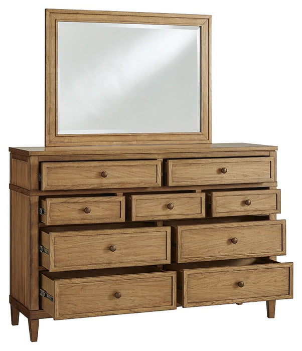 Sharlance California King Upholstered Panel Bed, Dresser and Mirror