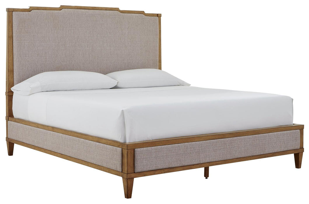 Sharlance California King Upholstered Panel Bed, Dresser and Mirror
