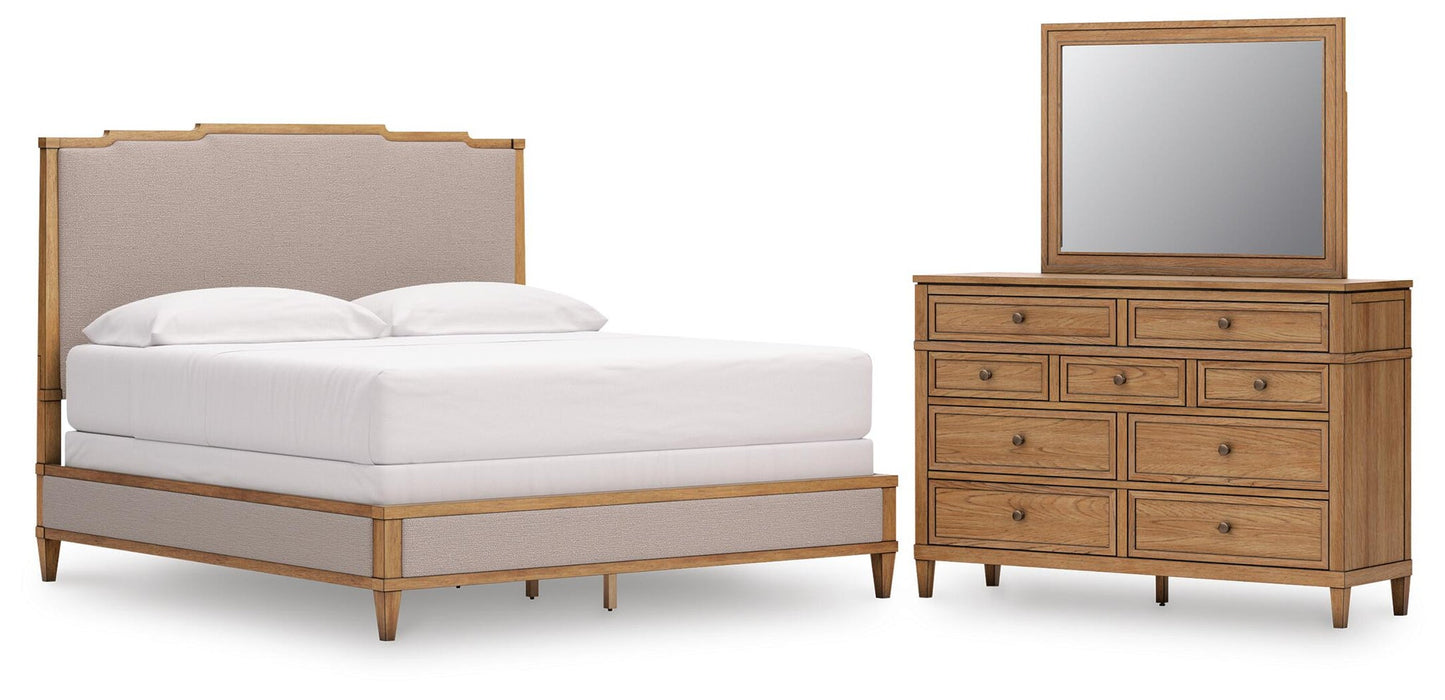 Sharlance King Upholstered Panel Bed, Dresser and Mirror