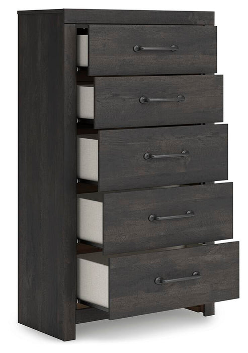Delmorta Full Panel Bed, Dresser, Mirror, Chest and Nightstand