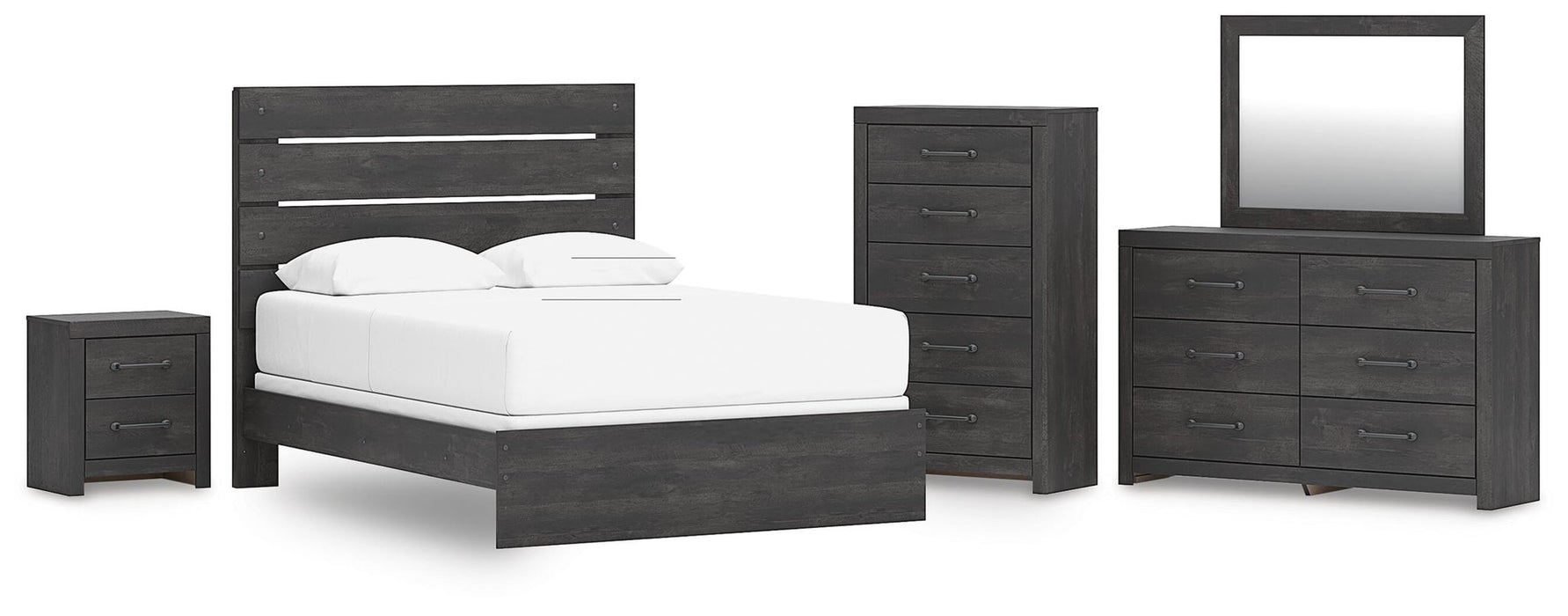 Delmorta Queen Panel Bed, Dresser, Mirror, Chest and Nightstand